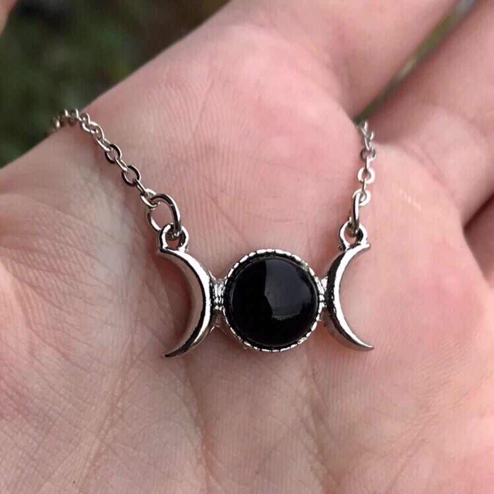 Onyx triple goddess silver moon necklace